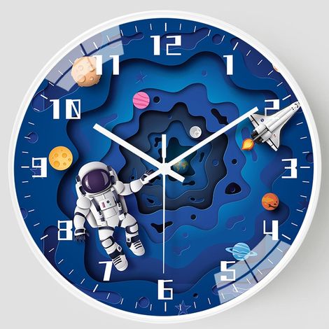 Horloge murale enfant sur le thème de l'espace, mouvement à quartz silencieux, grands chiffres faciles à lire, design fusée astronaute, couvercle en verre HD, cadre en ABS pour chambre/bureau/salon (B (1/5)