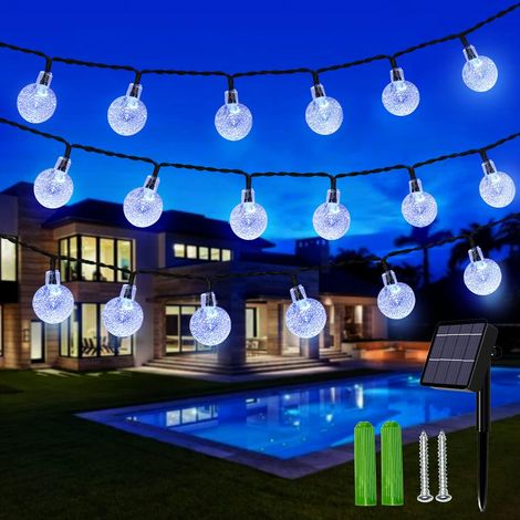 Guirlandes lumineuses solaires, 18 m de long avec 100 DEL, guirlandes lumineuses solaires sphériques étanches à 8 modes pour jardin, balcon, patio, kiosque et décoration de mariage (blanc froid)