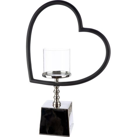 Photophore en Forme de cœur en Aluminium et Verre nickelé Brillant Noir/argenté Hauteur 49 cm Largeur 33 cm (1/3)