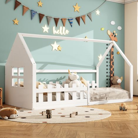 Letti per bambini 90x200 cm, letti a soppalco, a forma di casa, barriera di sicurezza, rete a doghe, pino+MDF, senza materasso, bianco