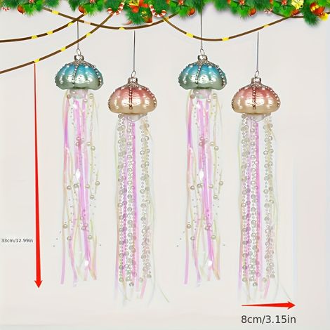4 ornements suspendus en forme de méduse en perles de verre - Pendentifs décoratifs élégants bleus et dorés avec perles irisées pour Chris (1/5)