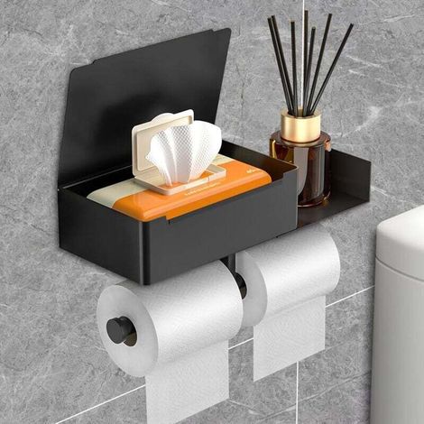 Wandmontierter Toilettenpapierhalter, Toilettenpapierrollenhalter mit Taschentuchbox, freistehender Toilettenpapierhalter, Schwarz - Crezuo