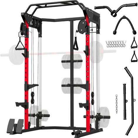 SPORTNOW jaula de potencia con sistema de poleas ajustable, rack para sentadillas con barra de dominadas, estación fondos, soporte barra