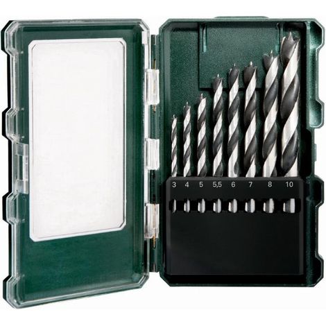 Metabo – Mèche à bois pour perceuse – Lot de 8 forets 3-10 mm – Acier trempé pour bois dur et tendre – Pointe de centrage pour perçage précis