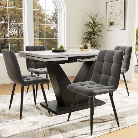 Set da pranzo MDF multicolore 4 posti, tavolo estendibile con sedie in velluto e gambe a V nere (1/5)
