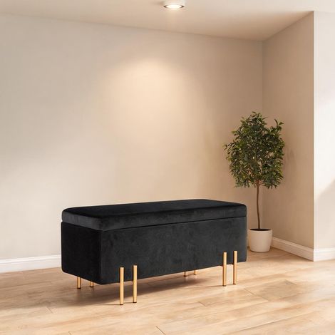 Pouf coloris noir en velours bois 100 x 40 x 42 cm (1/5)