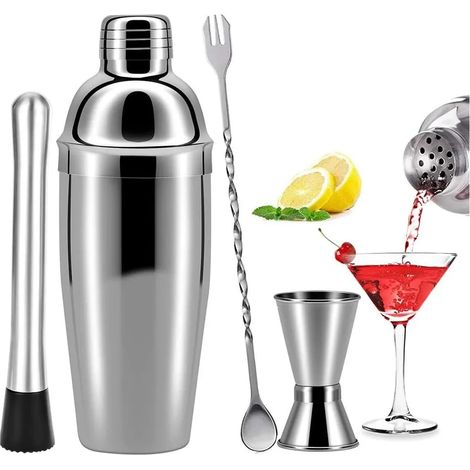 Ensemble shaker à cocktails, shaker en acier inoxydable de 750 ml, mélangeur à cocktails professionnel, kit de bar à cocktails, ensemble de 4 accessoires de bar en acier inoxydable pour la maison ou l (1/5)