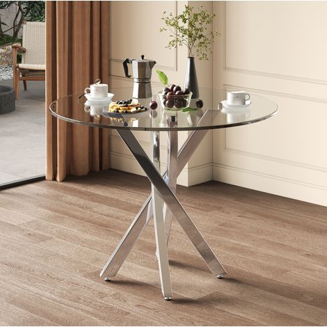 Runder Esstisch 80x80x75 cm Silber aus gehärtetem Glas und Metall mit stabiler Kreuzbasis (1/5)