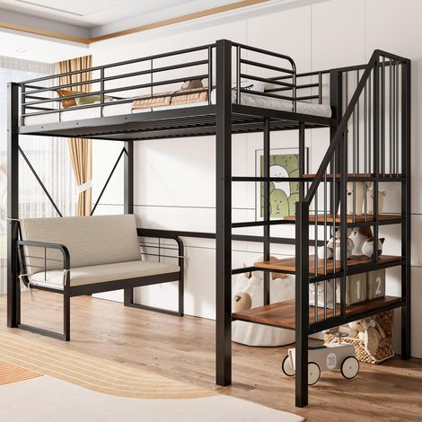Lit superposé (90 x 200 cm) avec structure métallique robuste, lit mezzanine avec canapé-lit amovible, espace de rangement et escalier de sécurité. Convient aux enfants, adolescents et adultes. Noir.