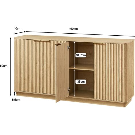 Buffet design ondulé 160 cm, meuble TV à rayures verticales, rangement intégré, pour salon, chambre ou couloir, finition chêne, dimensions 160x80x40 cm