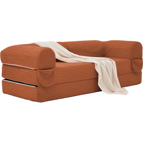 Sofá cama convertible de 2 plazas, función cama doble, asiento acolchado, reposabrazos gruesos, tela acanalada, naranja (1/5)