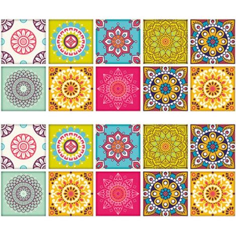 Carreaux Autocollants - 20 Pièces Adhésifs Carrés PVC 10 x 10 cm - Rétro Imperméable pour Salle de Bain Cuisine Miroir Évier Dosseret - Multicolore
