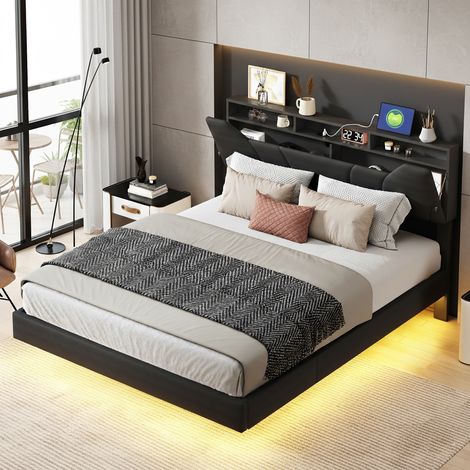 Lit coffre 160x200 cm avec LED, lit capitonné hydraulique, table de tete de lit avec fonction de charge, lit double effet flottant, sommier à lattes, noir (1/5)