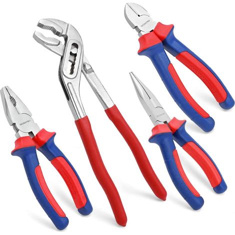 Workpro – Jeu de pinces en acier au carbone pour réparation – Poignée ergonomique – Lot de 4 pièces – Pour espaces confinés et travaux de précision
