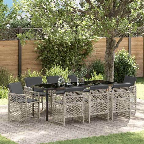 Garten Essgruppe 9 pcs Hellgrau Poly-Rattan (1/5)