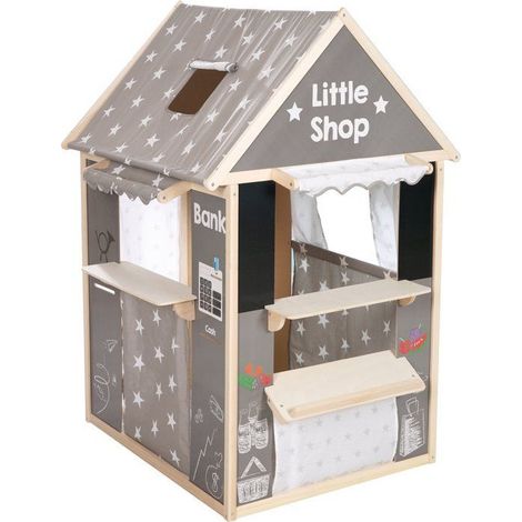 Casita 4-en-1 - ROBA - Madera y tela - 4 caras: Teatro, tienda de comestibles, ventanilla de banco, quiosco con pizarra - Gris
