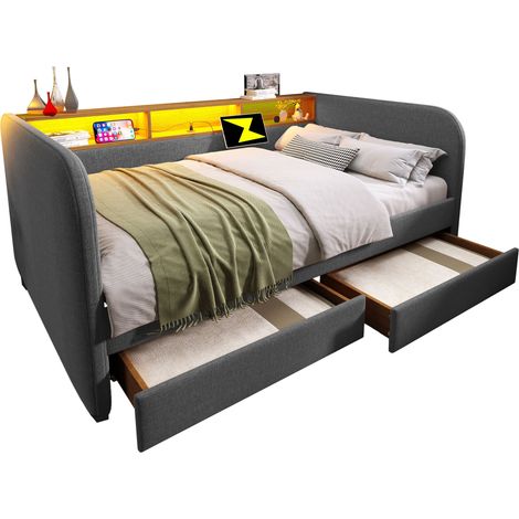 Lit daybed 140x190 gris avec LED, USB-C, tiroirs, rangement, sans matelas