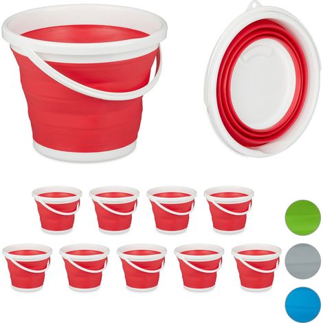 Relaxdays Set of 10 Folding Buckets, 10L Mopping Bin, Collapsible for Car, Camping and Festivals, Red