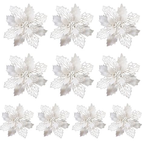 Flor Artificial Poinsettia - Adorno Navideño Blanco - Para Árbol de Navidad y Guirnalda - 1 Unidad (1/5)