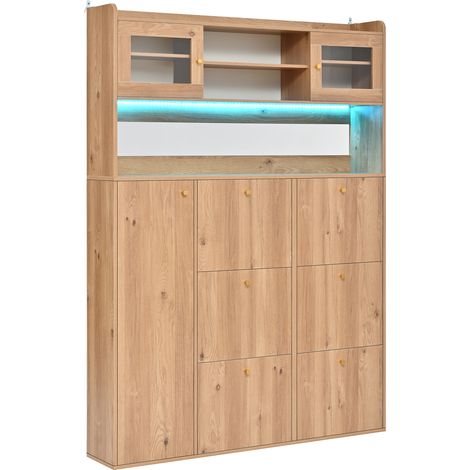 Scarpiera stretta con vetro e illuminazione LED, 130 x 25 x 180 cm, naturale (1/5)