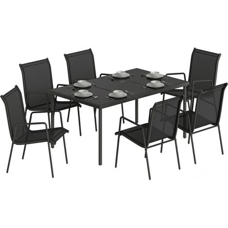 Mobilier de jardin 6 places table et chaises empilables ensemble salon extérieur noir en textilène 70x51x87cm (1/5)