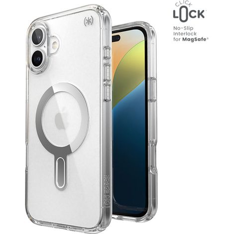 Speck Presidio Perfect-Clear ClickLock & MagSafe - Custodia per iPhone 16 Plus (Trasparente / Finitura cromata / Argento sereno) (1/5)