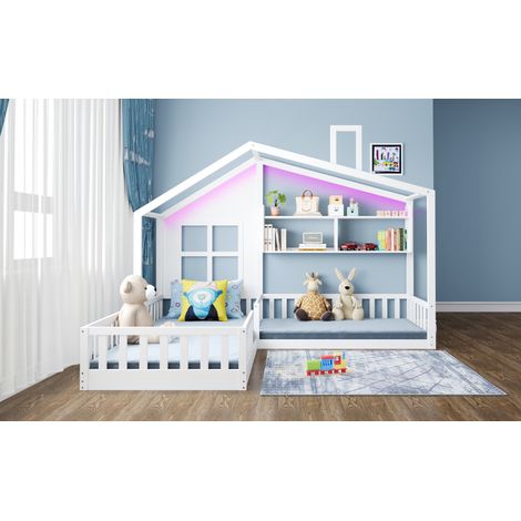 Lit enfant 90x200 cm avec fenêtres et étagères, bandeau LED, coffre en bois massif hauteur sous plafond, barrière de sécurité et sommier inclus, blanc, ancien SKU LDB00288AAK (1/5)