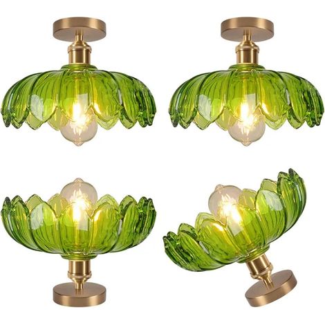 4x Plafonnier Vintage,Lampe de Plafond Moderne Abat-jour en Verre Design Fleurs Vert Lustre Style Nordique pour Salon Chambre (1/5)