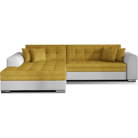 Canapé d'angle convertible tissu et simili LOOKA - Pieds métal chromé angle gauche-Blanc/Jaune-angle gauche (1/5)
