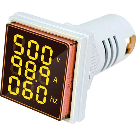 Indicateur 3 en 1 : courant alternatif, tension et fréquence. Tête carrée de 22 mm. Moniteur LED multifonction. Caractéristiques : AC 60-500 V, 0-100 A, 20-75 Hz. (1/5)