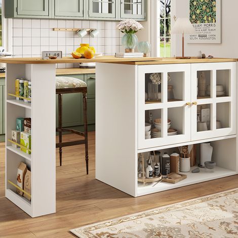 Tavolo bar girevole 138-204x39x102.5 cm bianco in MDF con vetro temperato e ripiani regolabili (1/5)