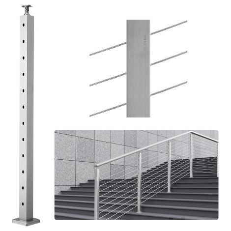 Poteau de rampe d'escalier à câble, 106,7x5x5 cm, poteau de garde-corps trous inclinés 30°, 12 trous pré-percés, poteau de rail acier inoxydable, support horizontal incurvé, 1JZLGZ1067556VUN5V0 (1/4)