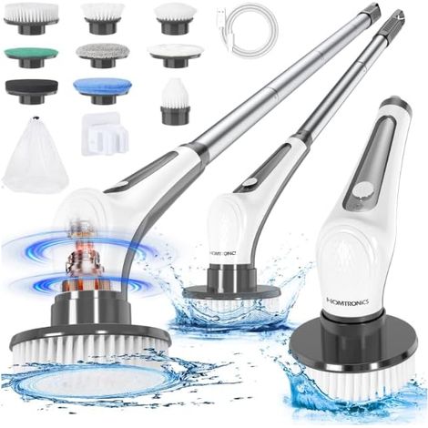Cordless USB Rechargeable Electric Spin Scrubber, with Telescopic Handle and 9 Interchangeable Heads for Bathroom