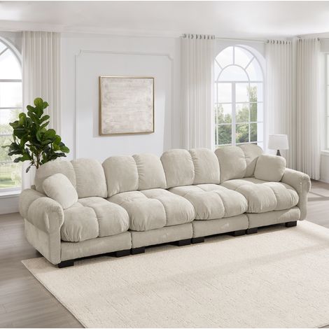 Divano modulare a 4 posti con struttura lineare in ciniglia, design elegante, cuscini ergonomici spessi, facile da montare, dimensioni soggiorno 330×86×90 cm, colore kaki chiaro (1/5)