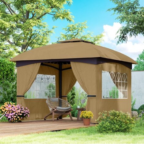 Pavillon de jardin 335x335 cm à double toit, avec 4 panneaux latéraux, protection UV20+, polyester beige (1/5)