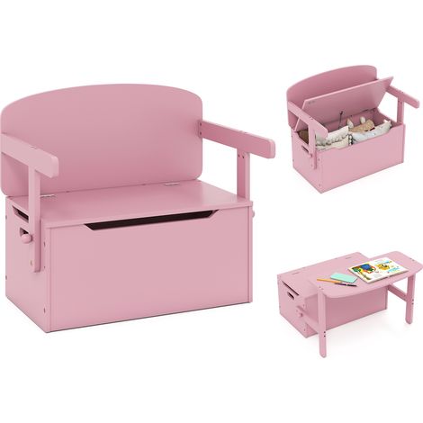 COSTWAY Kids Convertible Bench Table with Toy Storage Box 3-in-1 Desk Chair Set Pink (1/5)