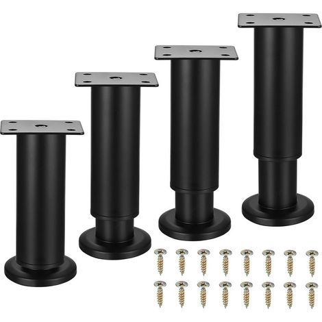 Lot de 4 pieds de meuble réglables en métal, noirs, 12-18 cm, pour armoires, tables, canapés, lits, coiffeuses et pieds de meubles.