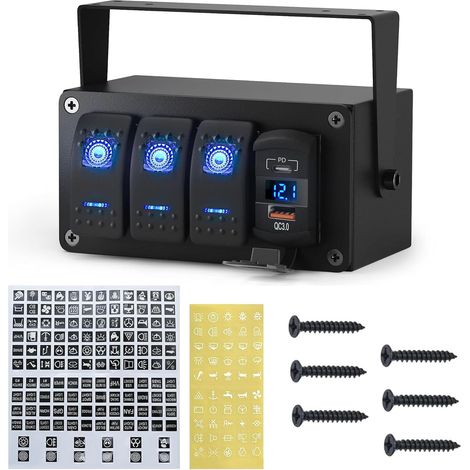 Panneau de Commutateurs 12V, Commutateur 3 Voies 12V/24V pour Camion Système de Contrôle Étanche avec Voltmètre Numérique PD (1/5)