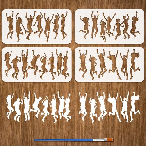 4Pcs Pochoir de Peinture de Saut de Personnes Avec Pinceau 15x30cm Modèle de Silhouette Humaine Réutilisable Pochoir à Thème de Personnage en Plastique PET pour Décor Meubles de Sol (1/5)