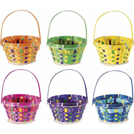 Cestini rotondi con manico in bambù colorato e nastro in raso, perfetti per confezioni, set da 12 pezzi, Ø20cmx10,5H (con manico25,5)
