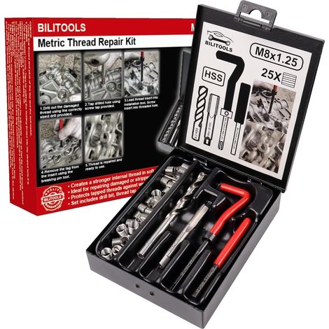 M8x1,25 Kit Réparation Filetage Helicoil Avec foret HSS, outil d'installation et inserts filetés en acier inoxydable (1/5)