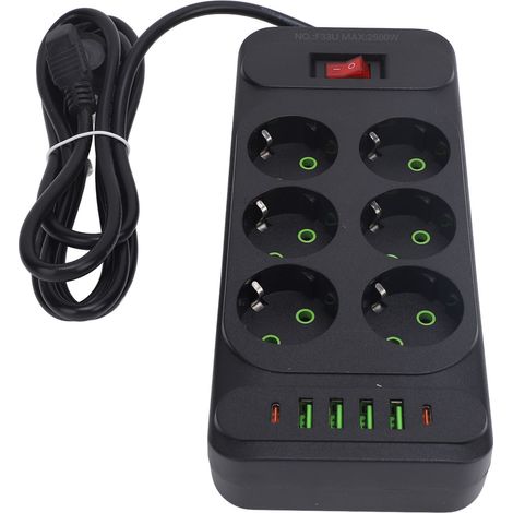 Multiprise murale avec 6 prises, 4 ports USB et 2 ports USB-C, interrupteur et rallonge de 2 m. (1/5)