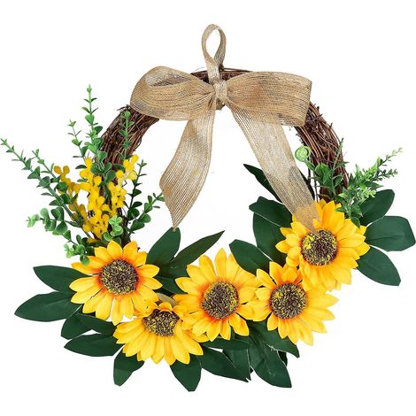Couronne Tournesols Artificiels - 33 cm - Décoration Porte Entrée Extérieur Intérieur - Ruban Kaki Feuilles Vertes - 1 Pièce (1/5)