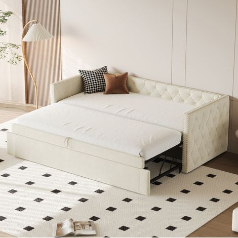 Schlafsofa Polsterbett aus Samt Beige 90x200 cm, ausziehbar mit Lattenrost (1/5)