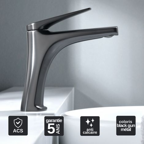 Robinet Mitigeur Lavabo Salle de Bain noir métal – Bec Bas Anti-Calcaire – Design Moderne - DELOS IMEX (1/5)