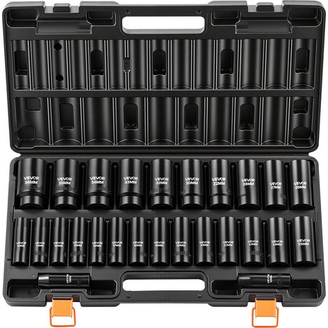 Jeu de Douilles à Choc 1/2", 26 PCS, Coffret de Douilles à Impact à 6 Pans, Métriques 10-30 mm, 32-36 mm, en Acier Allié Cr-V, avec Mallette de Rangement, pour Réparation Automobile, Brigolage (1/5)