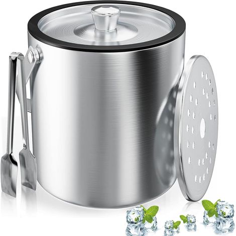 Seau à Glace, Bac à Glaçons Rond Avec Passoire et Pince à Glace, 2L Bac à Glaçons, Bac à Glaçons en Inox, Refroidisseur de Glaçons Pour Bar, Fête, Pour Conserver la Glace et Refroidir les Boissons (1/5)