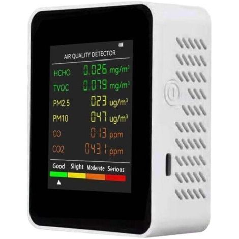 Multifunktionales 6-in-1-Luftqualitätsmessgerät: PM2,5, PM10, HCHO, TVOC, CO, CO₂, Kohlendioxid und Formaldehyd. Großes LCD-Display. Tragbares Tischgerät für Zuhause, Büro und mehr. (1/5)