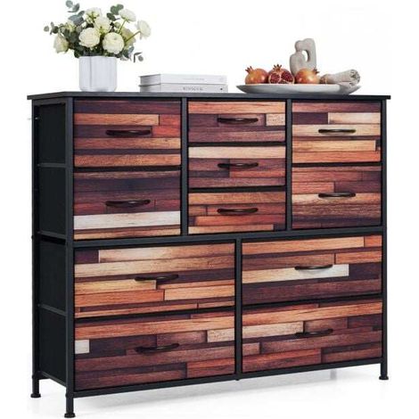 Commode 11 tiroirs en tissu avec structure métallique, plateau aspect bois et sécurité anti-basculement pour chambre salon et entrée (1/5)
