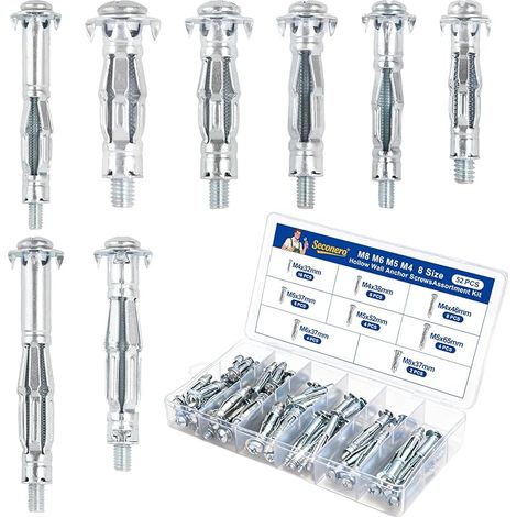 52 Pièces Cheville Placo, 8 Tailles Cheville Placo Charge Lourde Métallique, M4 M5 M6 M8 Acier Galvanisé Vis Expansion, Kit d'Ancrage Mural Robuste en Métal pour Mur Creux Plaque de Plâtre (1/5)